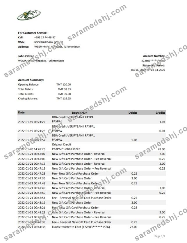 Turkmenistan HalkBank bank statement, Excel and PDF template